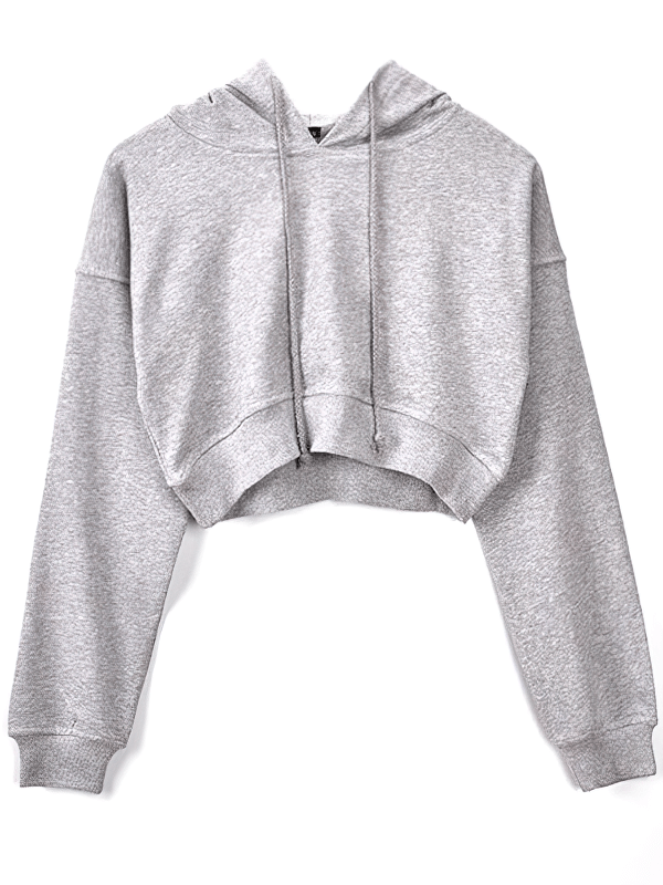 Gray stylish women's cropped sports hoodie with long sleeves and cuffs, perfect for yoga, fitness, running, and workouts.