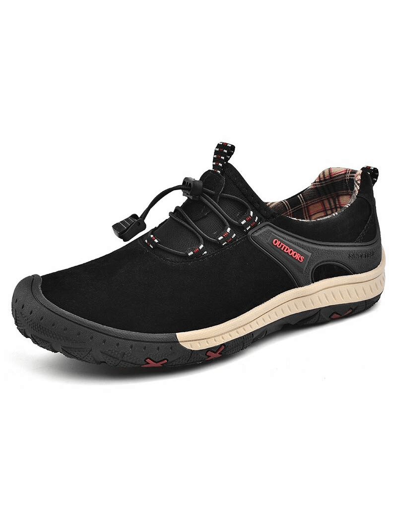 Black suede leather hiking shoe for men with elastic band and non-slip sole, perfect for outdoor adventures.