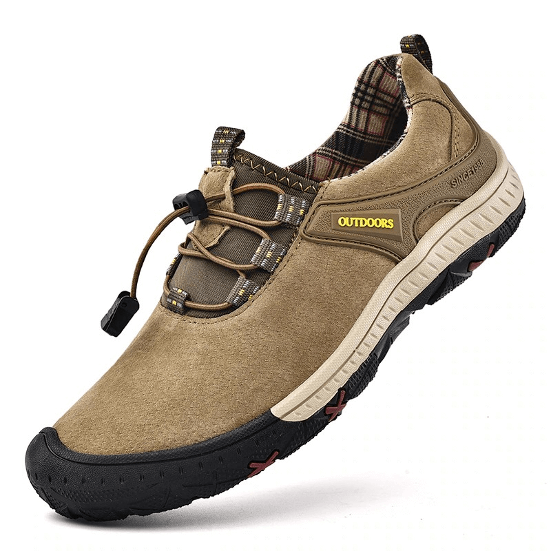 Suede leather non-slip hiking shoes for men featuring elastic band, breathable upper, and durable rubber outsole for outdoor adventures.