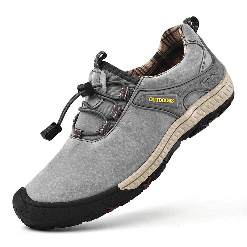 Suede leather non-slip hiking shoe for men with elastic band, featuring a breathable upper and durable rubber outsole, in gray color.