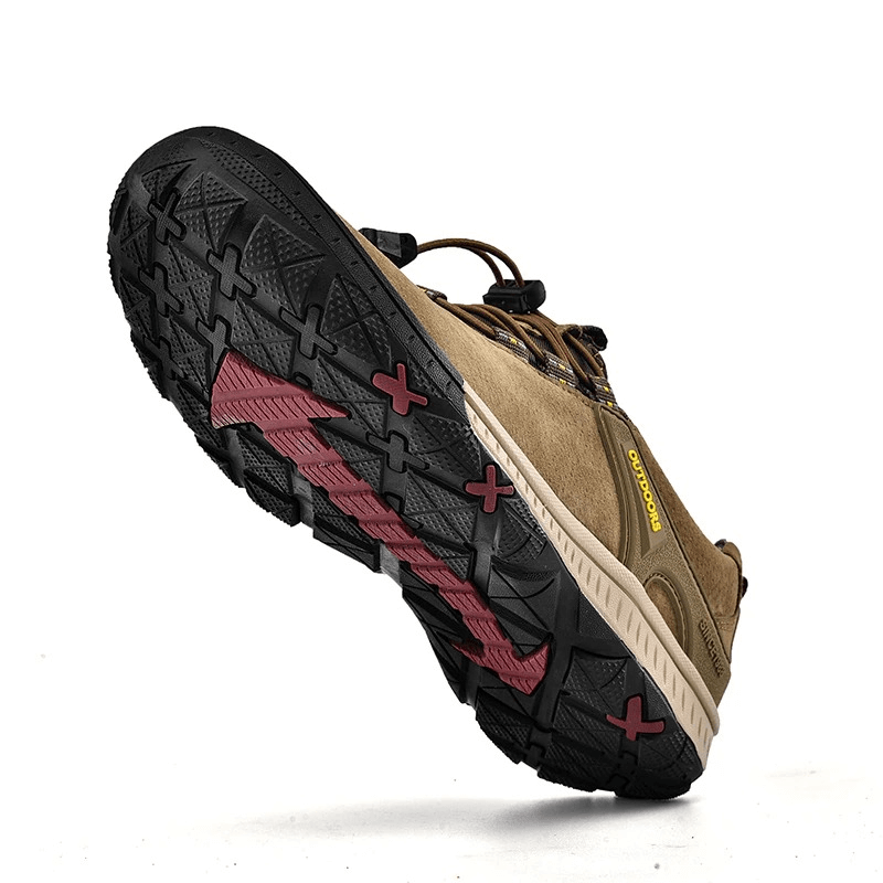 Close-up of suede leather non-slip hiking shoes for men with durable outsole and elastic band, perfect for outdoor adventures - SF0719.