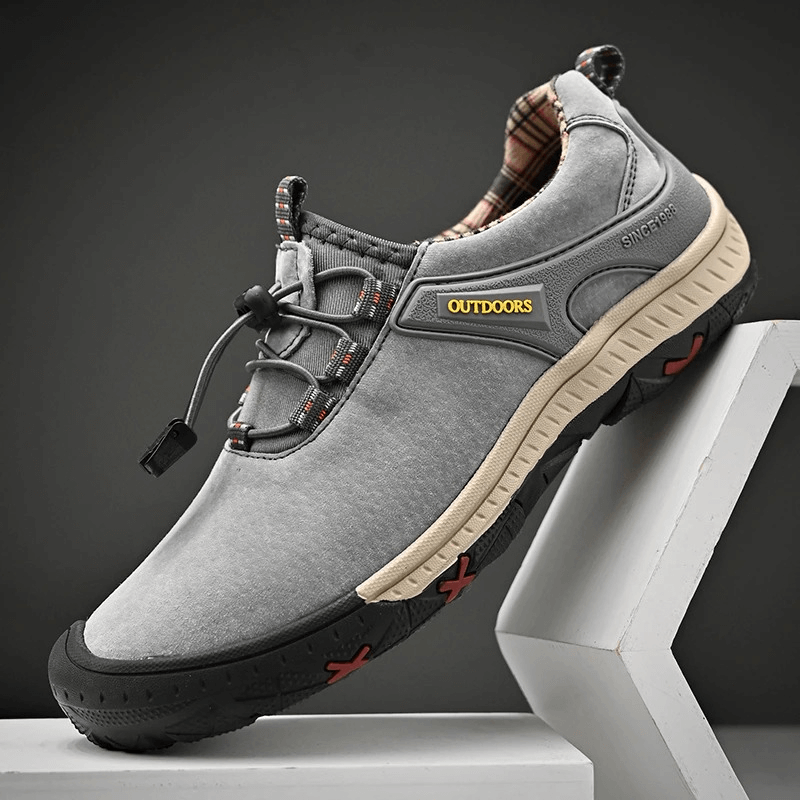 Gray suede leather non-slip hiking shoes for men with elastic band, featuring durable rubber outsole and breathable design.