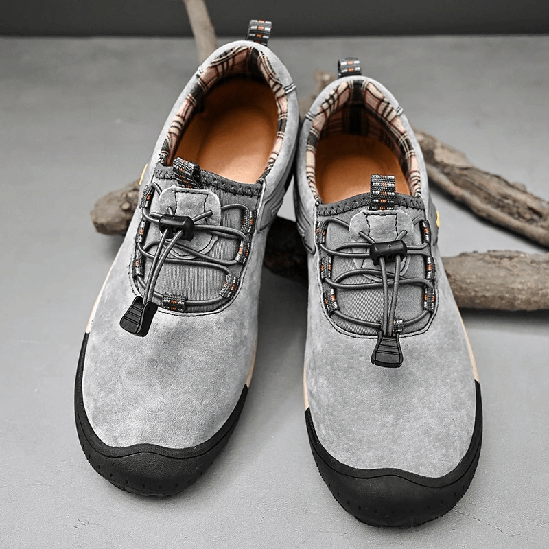 Gray suede leather hiking shoes with elastic band, non-slip rubber sole, ideal for men's outdoor adventures - SF0719 model