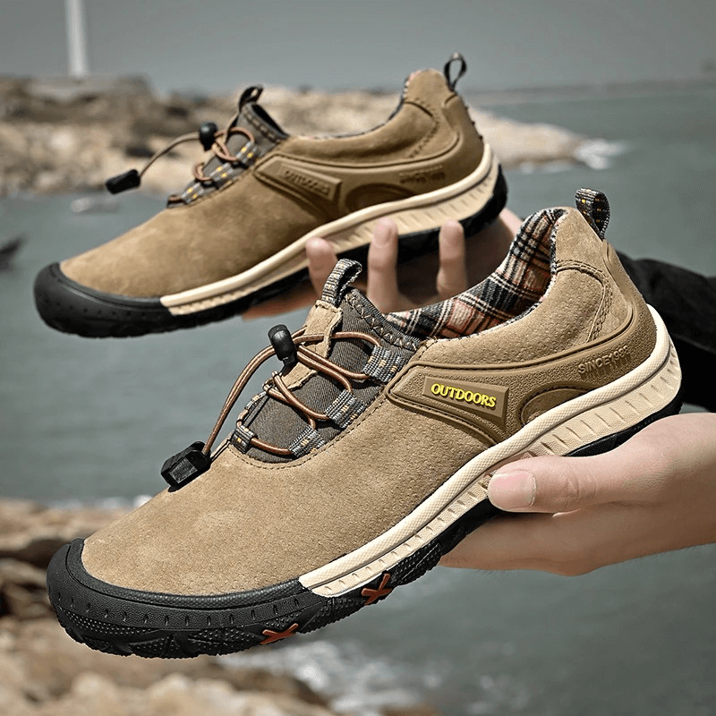 Suede Leather Non-Slip Hiking Shoes for Men with Elastic Band, perfect for outdoor adventures with durable, breathable design.