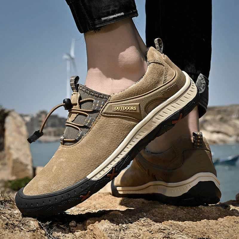 Suede Leather Non-Slip Hiking Shoes for Men featuring elastic band, ideal for outdoor adventures. Durable rubber outsole for stability.