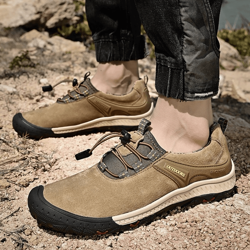 Men's suede leather non-slip hiking shoes with elastic band, perfect for outdoor adventures, featuring a durable rubber sole.