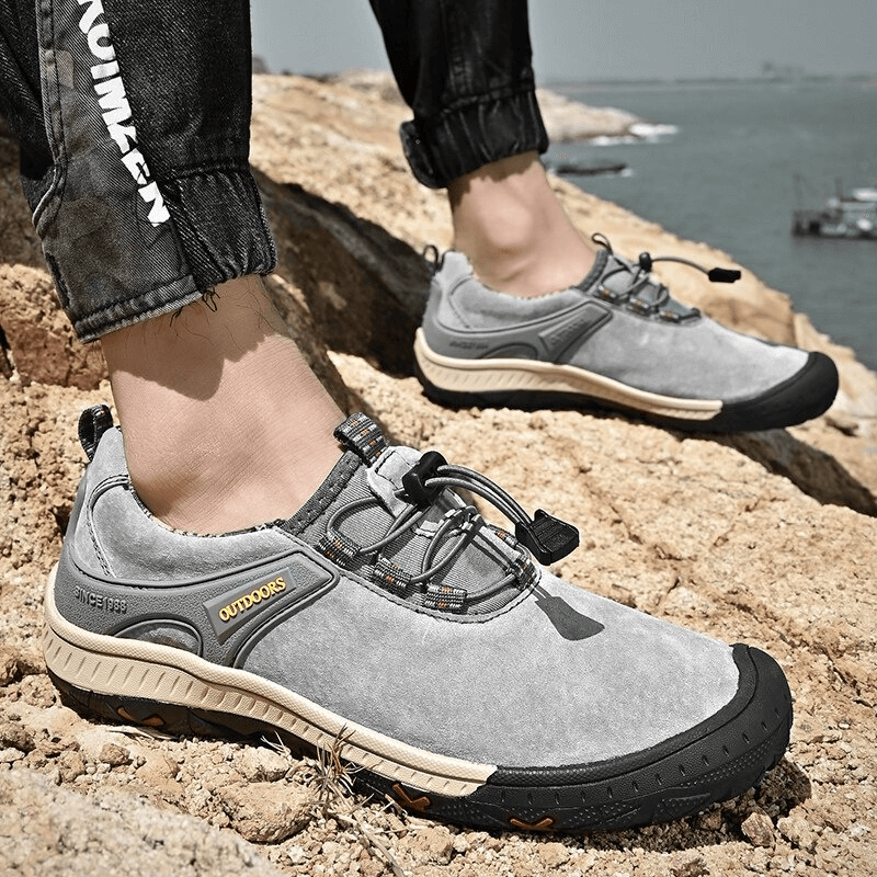 Stylish suede leather non-slip hiking shoes for men with elastic band, perfect for outdoor adventures and comfort.