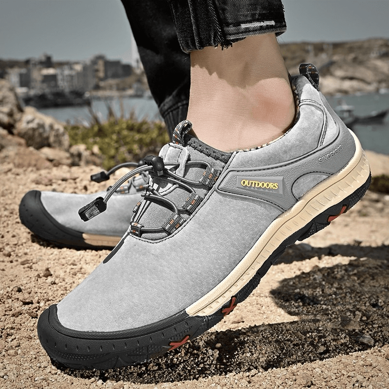 "Suede Leather Non-Slip Hiking Shoes For Men with Elastic Band in action, perfect for outdoor adventures - Model SF0719"