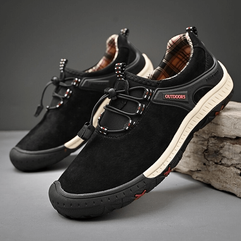 Suede leather non-slip hiking shoes for men with elastic band, featuring breathable upper and durable outsole, ideal for outdoor adventures.