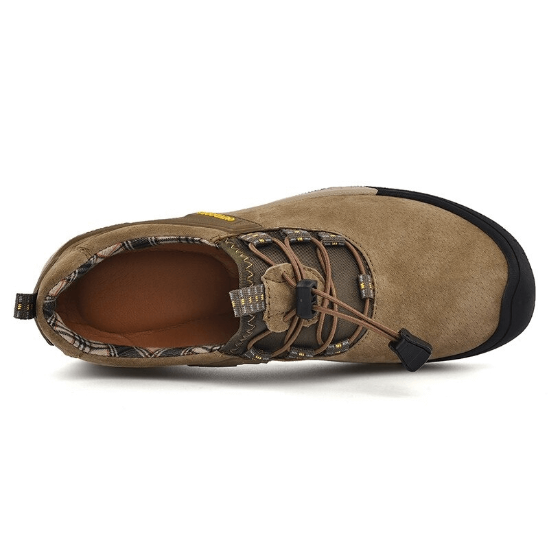Top view of suede leather non-slip hiking shoe for men, showcasing elastic band and durable rubber outsole.