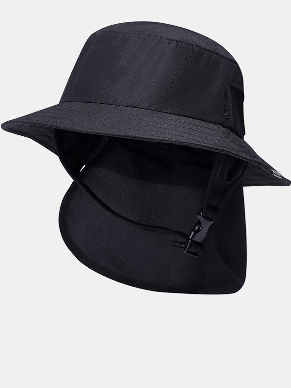 Black double-bill wide brim hat with neck cover for sun protection and rain, perfect for outdoor adventures.