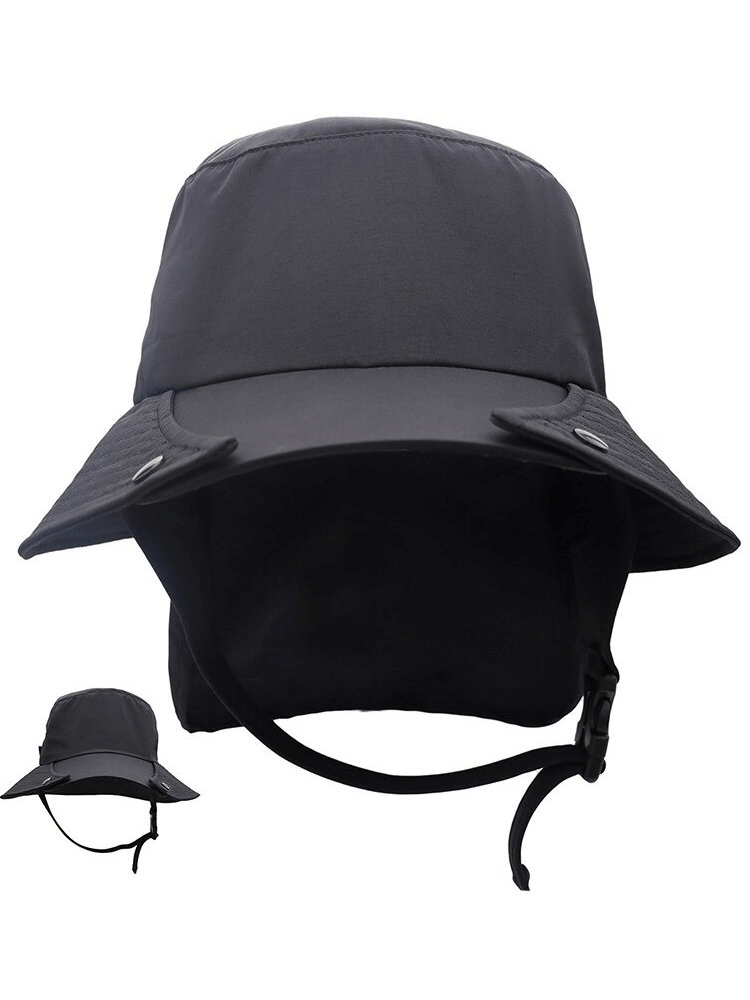 Wide brim waterproof sun protection hat with chin strap, providing 99% UV coverage, black color, ideal for outdoor activities.