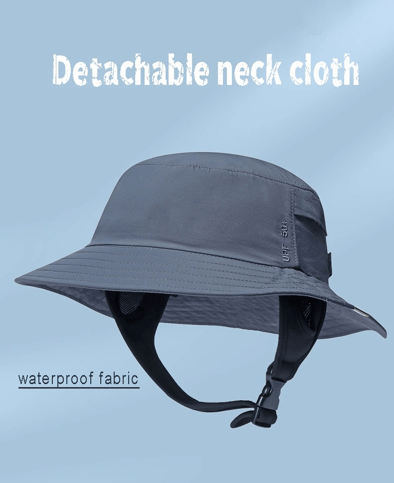 Wide brim sun protection hat with detachable neck cloth and waterproof fabric, perfect for outdoor adventures. Unisex bucket hat style.