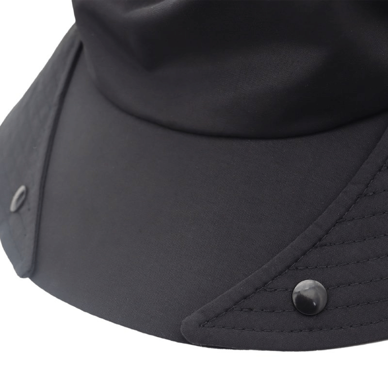 Close-up of a black waterproof wide brim hat with UV protection and breathable design, perfect for sunny outdoor activities.