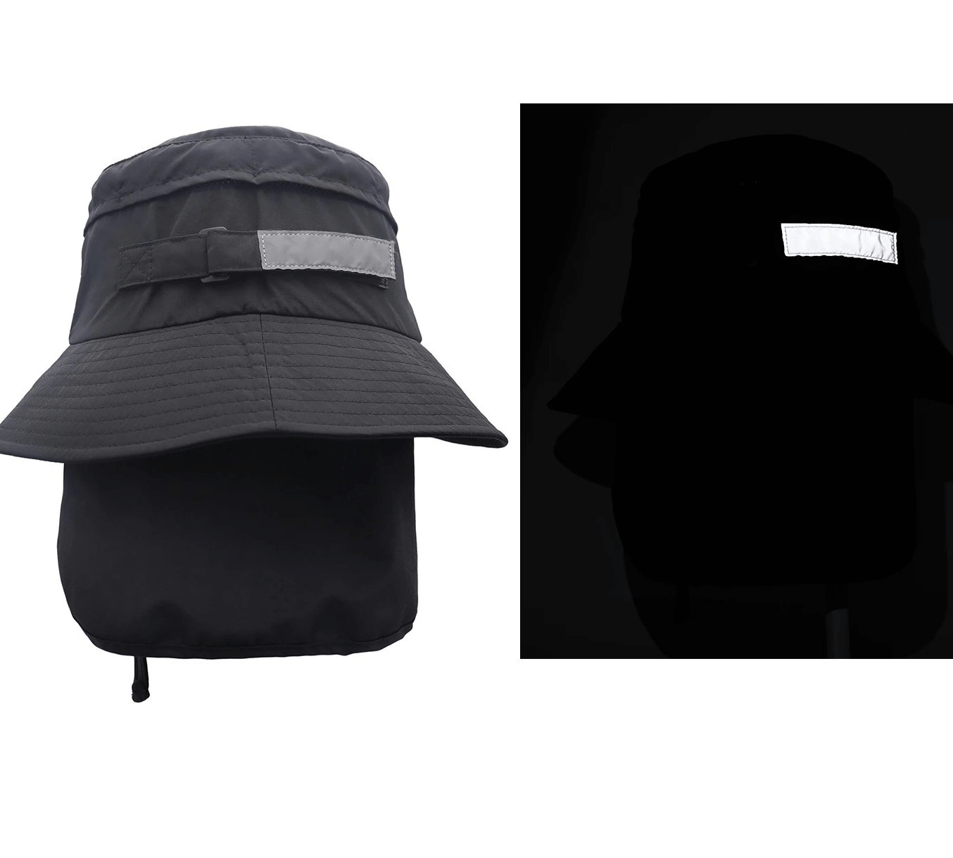 Black breathable waterproof wide brim hat with reflective strip, designed for sun protection and outdoor activities.