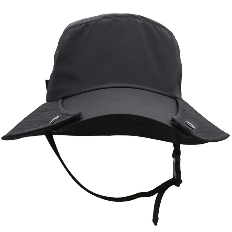 Black waterproof wide brim hat offering UV protection, adjustable chin strap, and breathable material, perfect for outdoor activities.