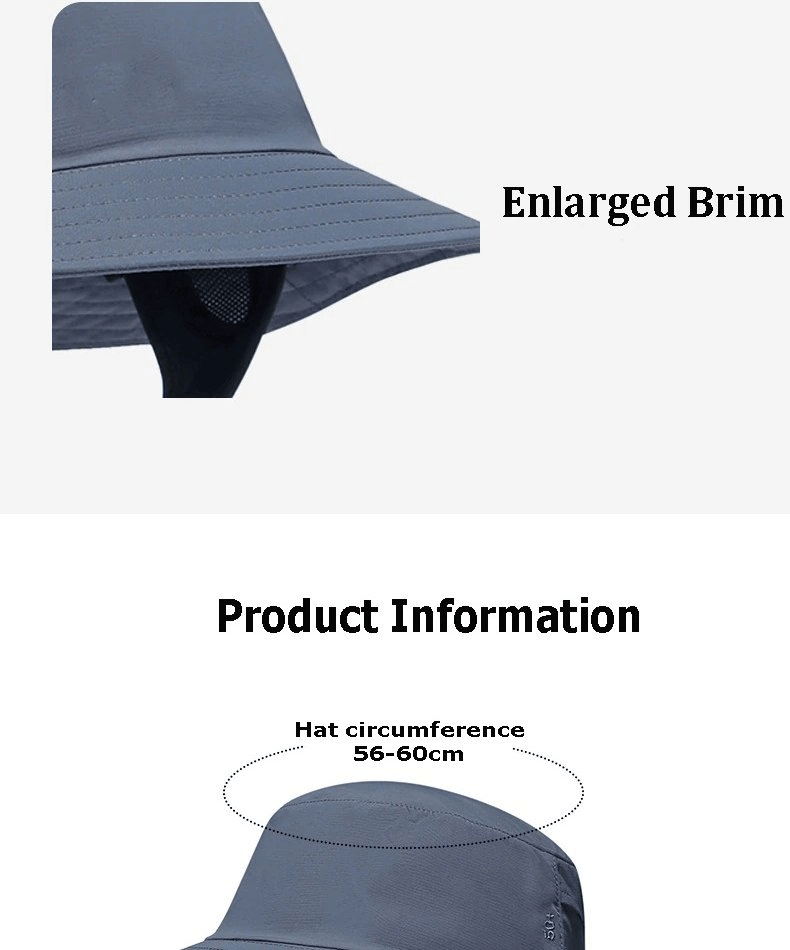 Close-up of Sun Protection Wide Brim Hat showing enlarged brim and size details, perfect for UV protection outdoors.