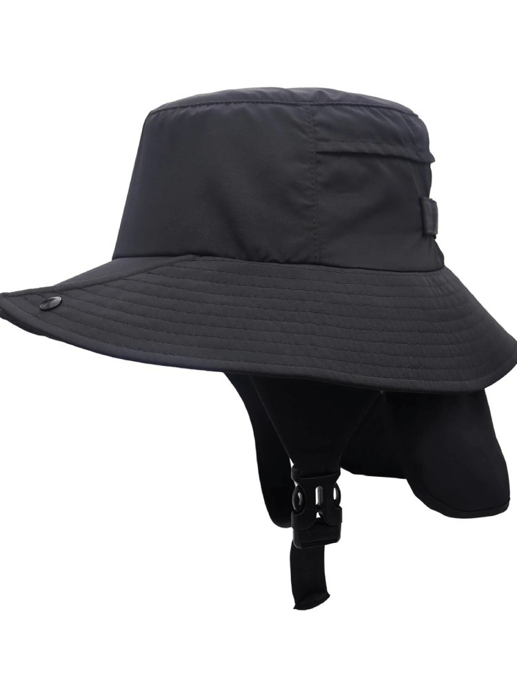 Black wide brim sun protection hat with neck flap, breathable and waterproof design for outdoor adventures.
