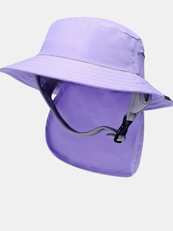 Purple breathable waterproof wide brim hat with UV protection and adjustable chin strap.