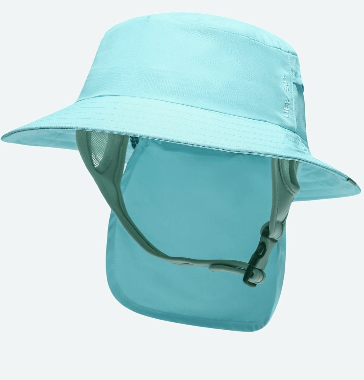 Turquoise wide brim sun protection hat with neck flap, breathable and waterproof, offering 99% UV protection for outdoor activities.