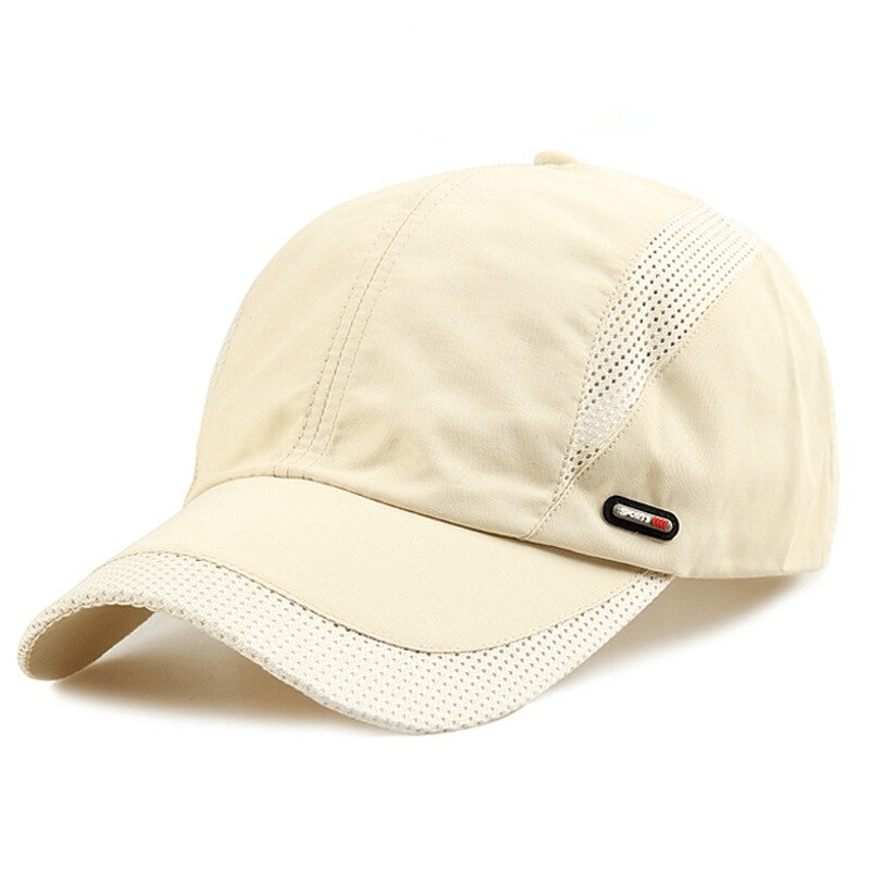 Beige baseball cap with sun protection and fine mesh design, adjustable metal buckle, ideal for outdoor activities like cycling and beach trips.