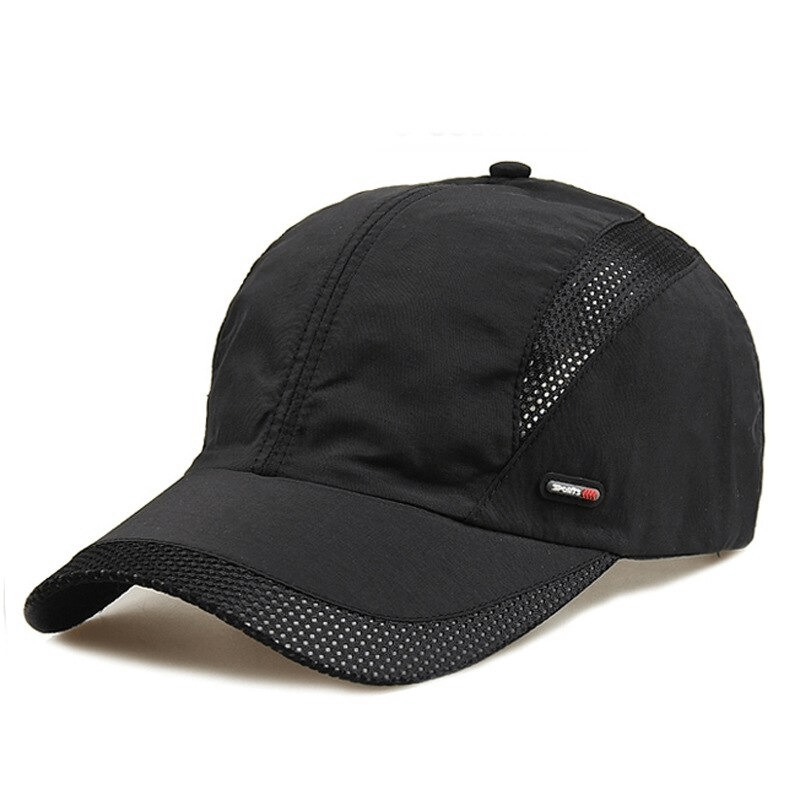 Black baseball cap with sun protection and fine mesh design, featuring adjustable metal buckle, ideal for outdoor activities like cycling.