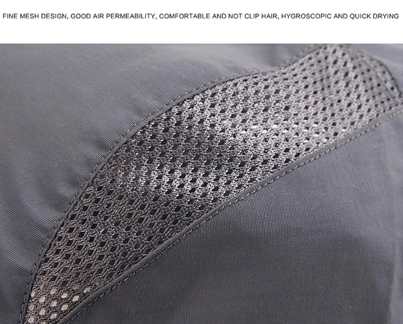 Close-up of sun protection baseball cap with fine mesh design for air permeability and comfort, featuring solid grey polyester fabric.