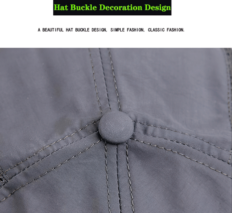 Close-up of sun protection baseball cap with decorative metal buckle and fine mesh design, showcasing its stylish and durable features.