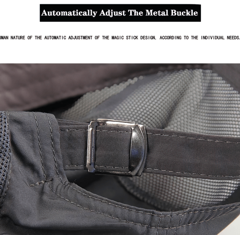Close-up of adjustable metal buckle on sun protection fine mesh baseball cap, model SF0453, ideal for outdoor activities.