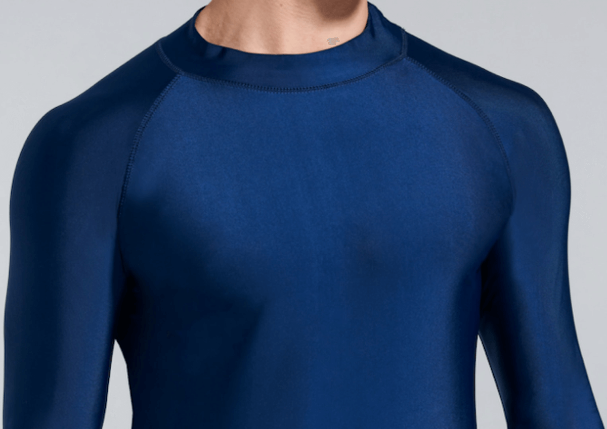 Navy blue men's compression shirt for swimming and sports, offering sun protection, UV coverage, breathable, quick-dry fabric.
