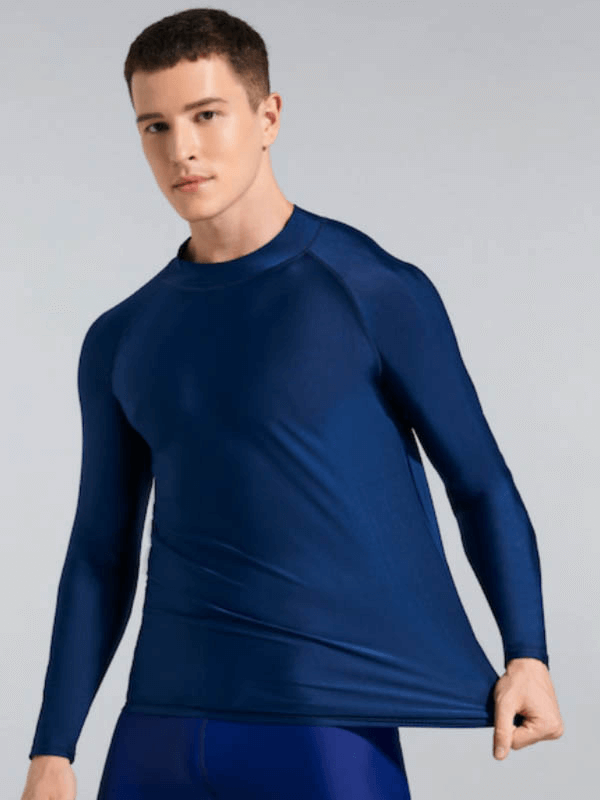 Men's blue sun protection elastic compression shirt for swimming and sports, featuring breathable and quick-dry polyester.
