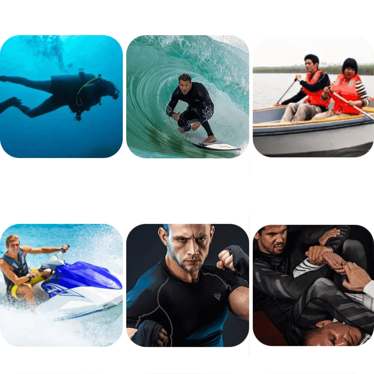 Collage of men engaging in sports: scuba diving, surfing, rowing, jet skiing, boxing, and grappling, showcasing athletic diversity.