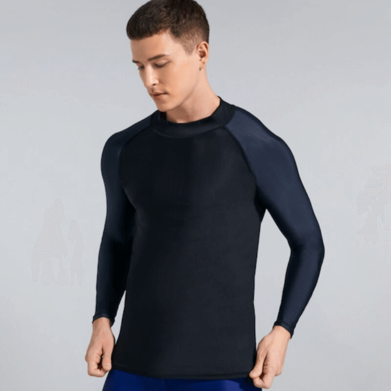 Man wearing Sun Protection Elastic Compression Shirt SF0932, ideal for swimming and sports, in a sleek black design.