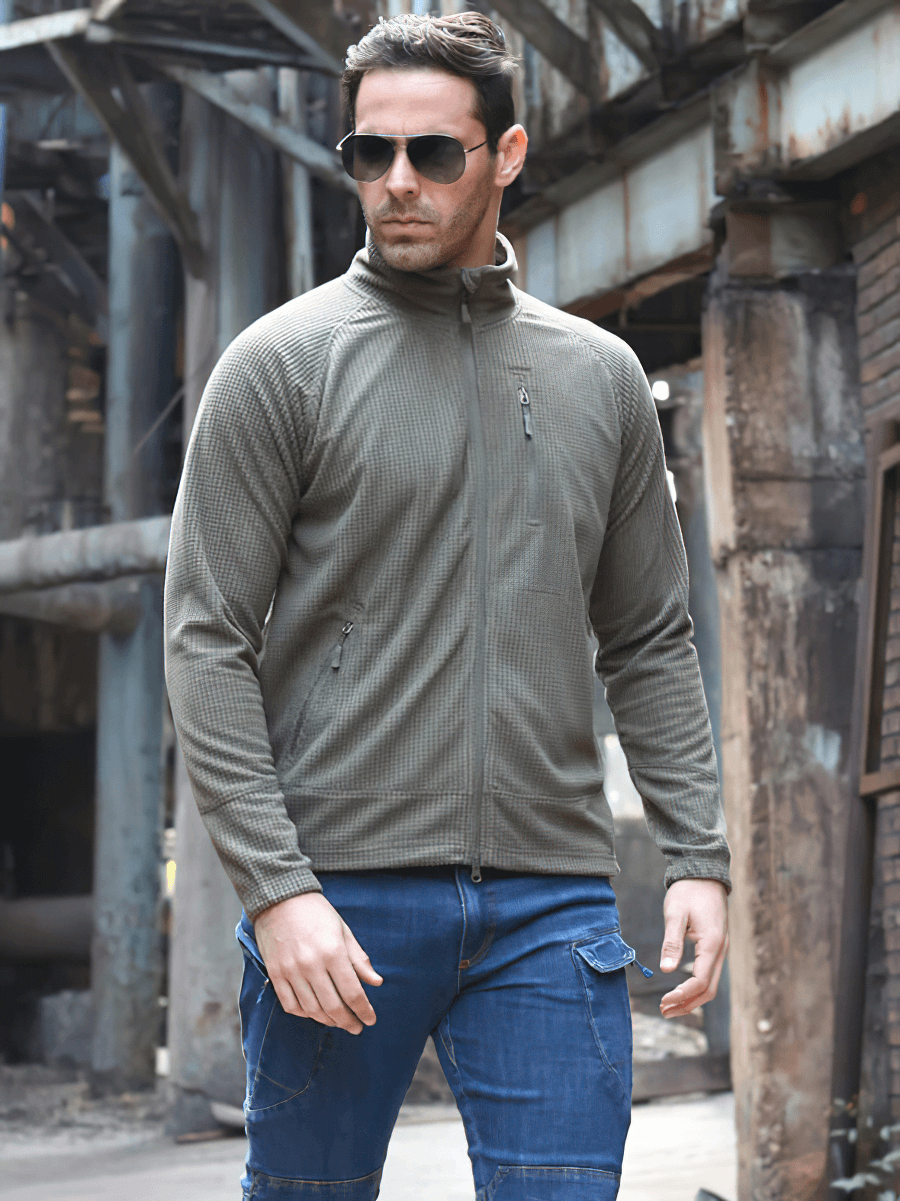 Man wearing Tactical Lightweight Fleece Jacket in Khaki, showcasing warm army style and wind-resistant design, SF0350.