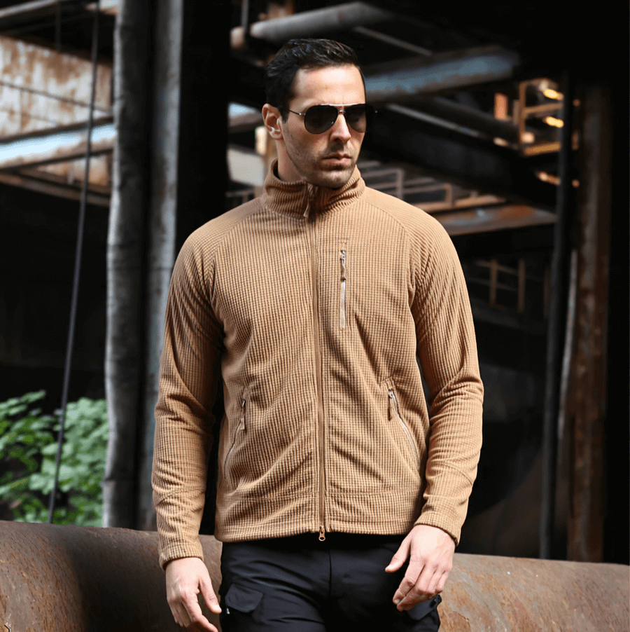 Tactical Lightweight Fleece Jacket for Men in Khaki - Warm Army Clothing for outdoor adventures.