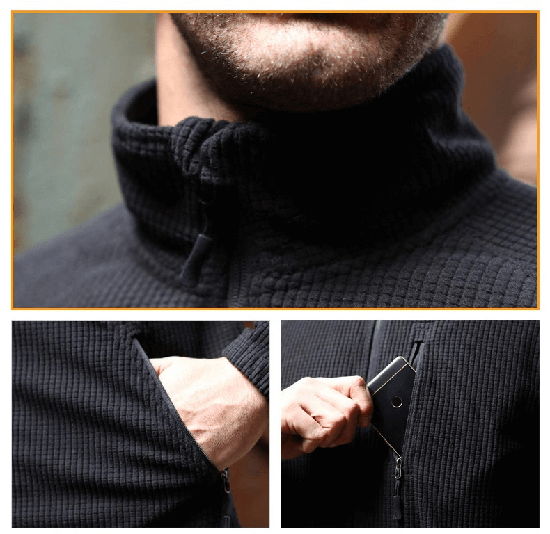 Close-up of Tactical Lightweight Fleece Jacket pockets with hand and phone, showcasing texture and functionality.
