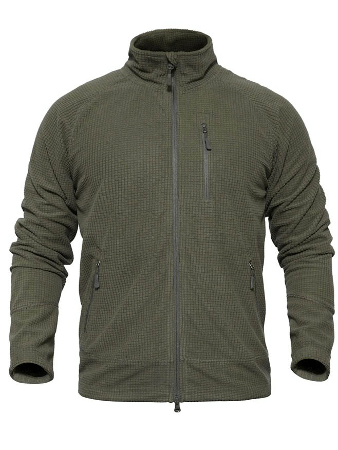 Army green tactical lightweight fleece jacket for men, featuring warm polyester and fleece material with multiple zip pockets.