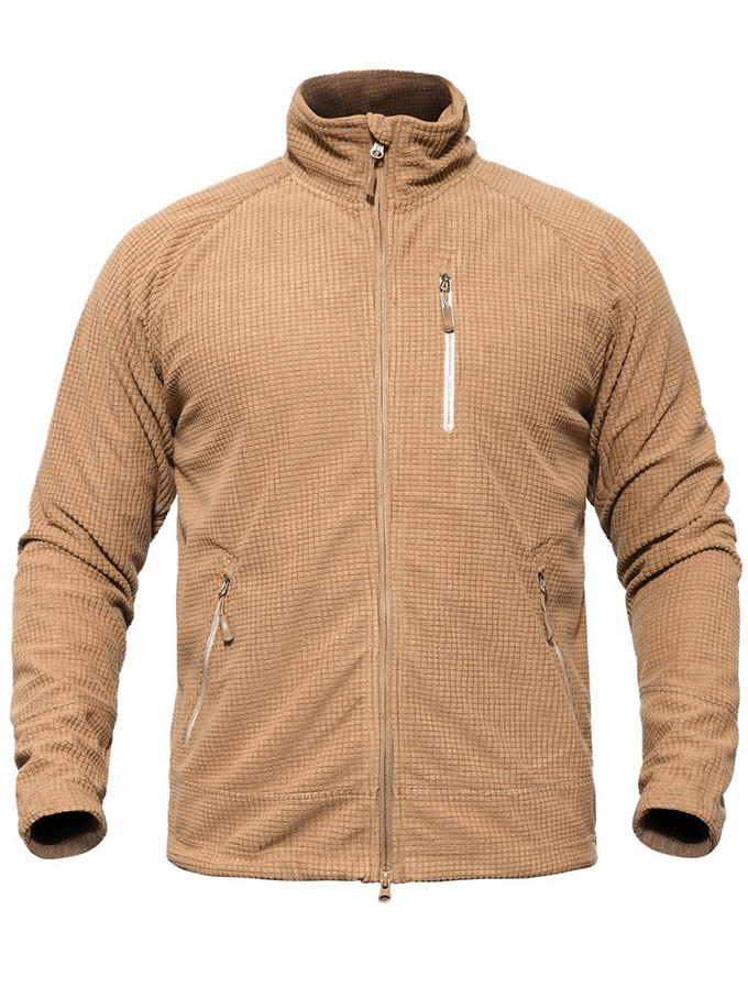 Khaki tactical lightweight fleece jacket for men, warm army clothing, front view of zippered military-style jacket in textured fabric.