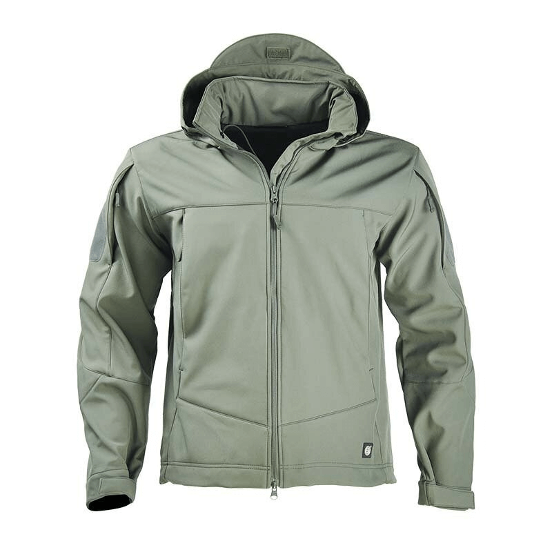 Olive Tactical Waterproof Men's Fleece Jacket with Hood and Front Zipper, featuring a windproof, thermal design for outdoor sports.