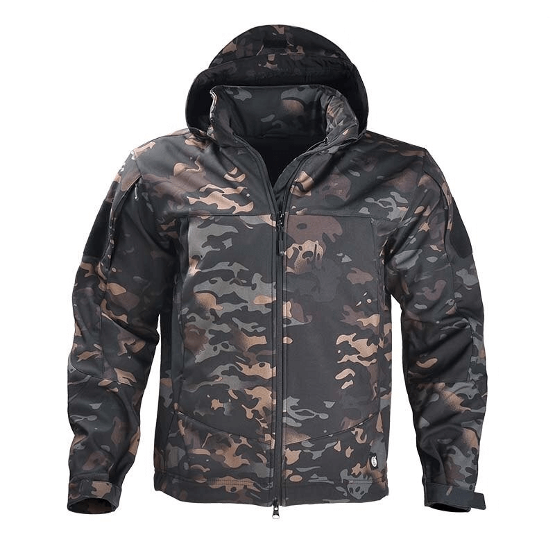Tactical waterproof men's fleece jacket in camo with hood, featuring fleece lining, waterproof material, and headphone features.
