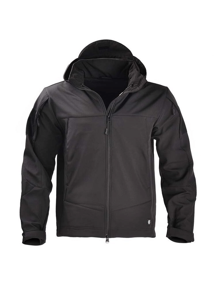 Black tactical waterproof men's fleece jacket with hoodie, featuring windproof material and headphone jack