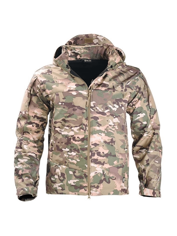 Camo Tactical Waterproof Men's Fleece Jacket SF0684 with hood, windproof and thermal features, and headphone convenience.