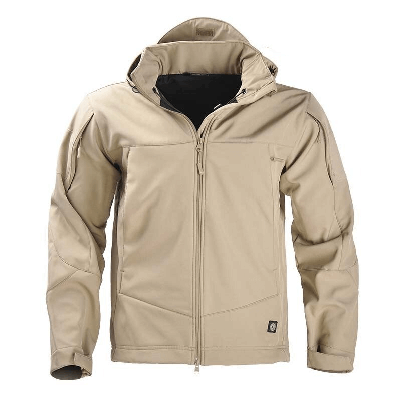 Tactical waterproof men's fleece jacket in beige, featuring thick, windproof material and convenient headphone features.