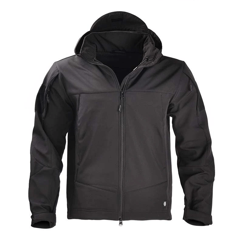 Black tactical waterproof men's fleece jacket with hood, windproof material, and headphone fixing buckle. Stay warm in style.