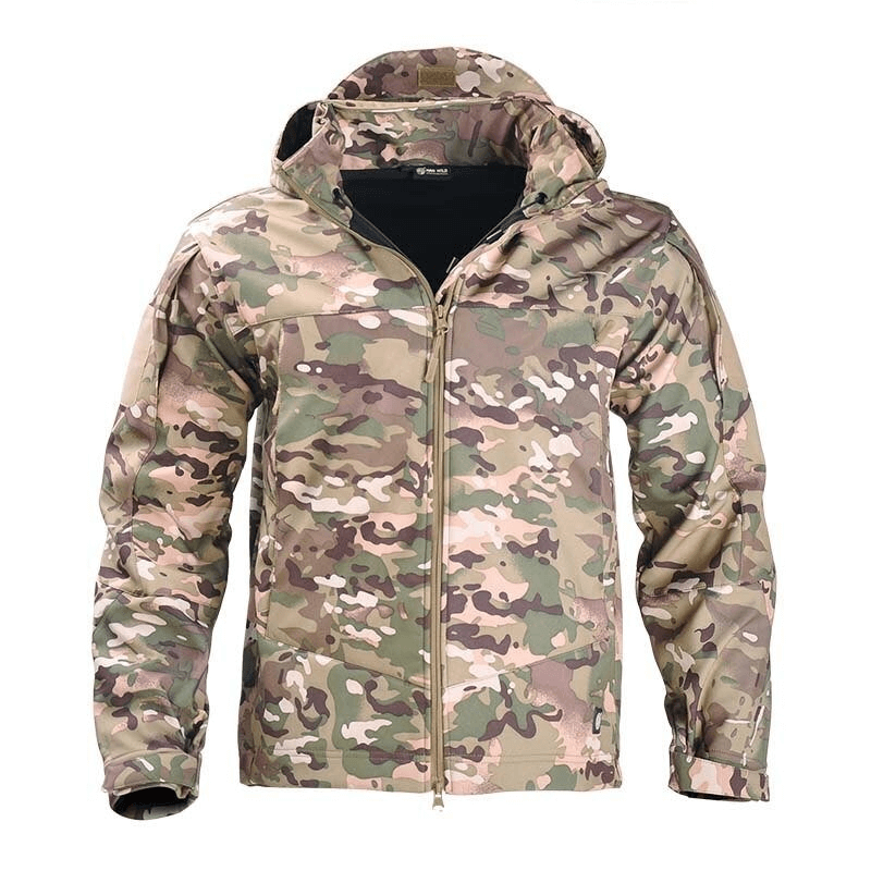 Tactical waterproof men's fleece jacket SF0684 in camouflage, featuring windproof and thermal material, perfect for outdoor sports.