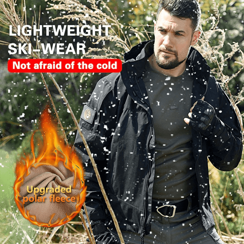 Man wearing Tactical Waterproof Men's Fleece Jacket in snowy outdoors, showcasing lightweight ski-wear with enhanced polar fleece insulation.