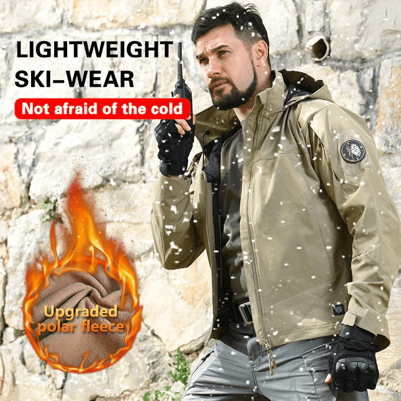 Man wearing tactical waterproof men's fleece jacket in a snowy setting, featuring upgraded polar fleece for warmth and style.