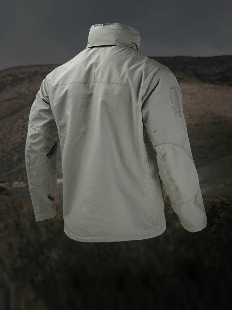 Rear view of Tactical Waterproof Men's Fleece Jacket showcasing thick, weatherproof material outdoors.