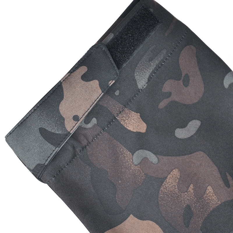 Close-up of a tactical waterproof men's fleece jacket sleeve in camouflage pattern, showcasing durable and stylish sportswear design.