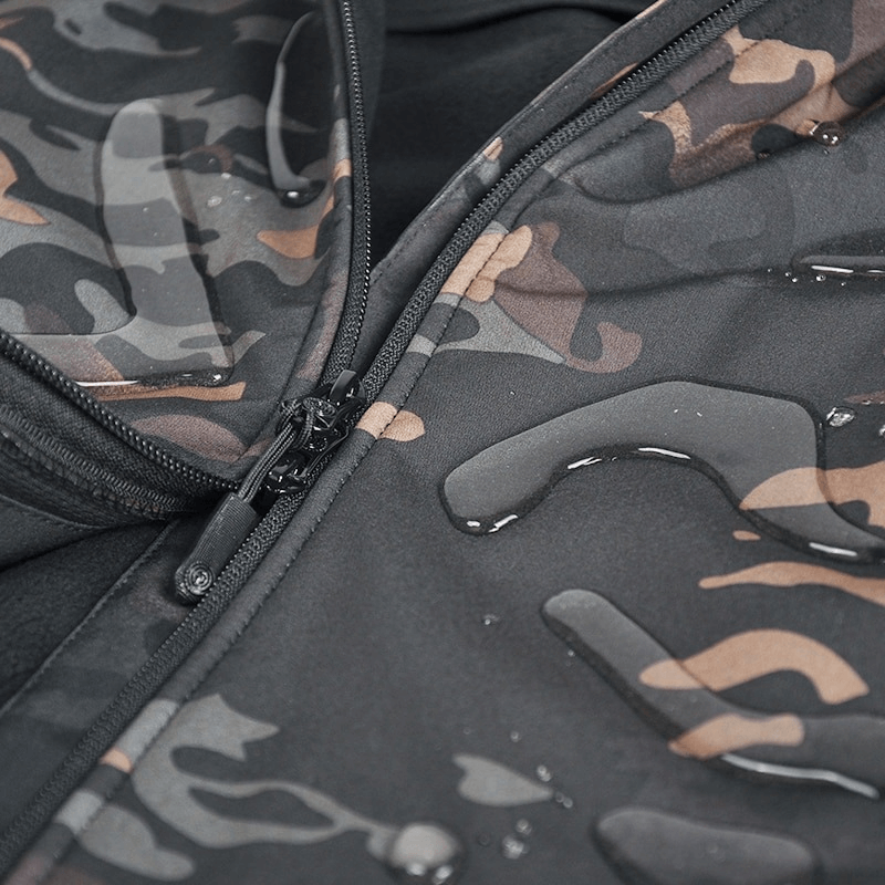 Close-up of a Tactical Waterproof Men's Fleece Jacket showcasing water-resistant material and camo design.